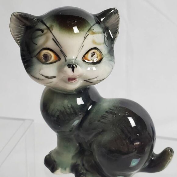 Vintage Japan Ceramic Cat Figurine 4.5" Green Black - Picture 4 of 5